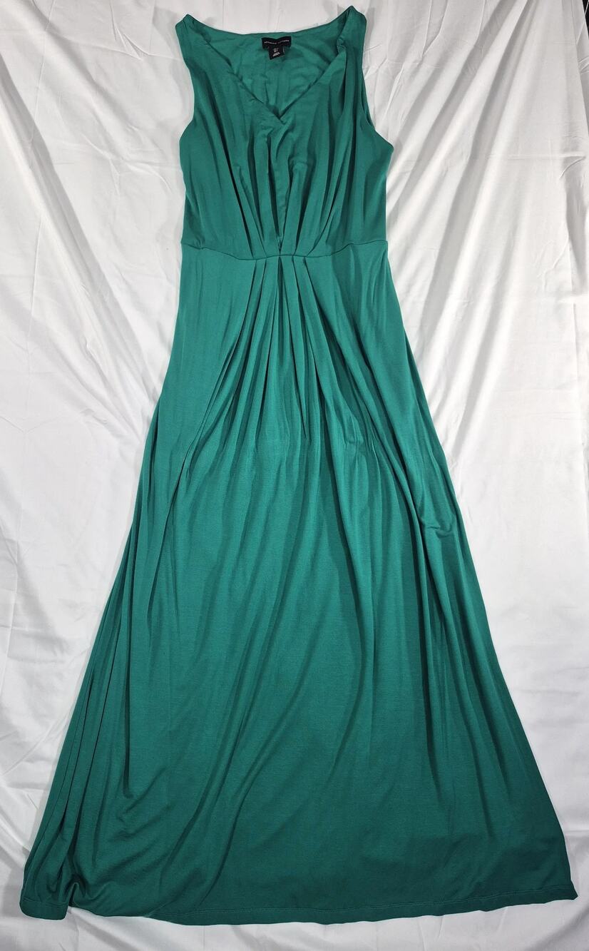 Adrienne Vittadini Green V-Neck Maxi Dress Sz L Sleeveless Pleated Stretch Pocke